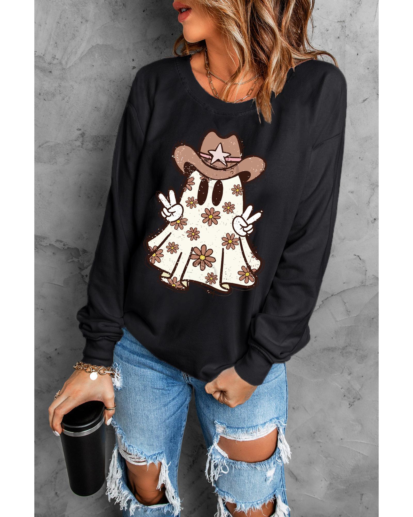 Black Halloween Floral Ghost Print Pullover Graphic Sweatshirt - M