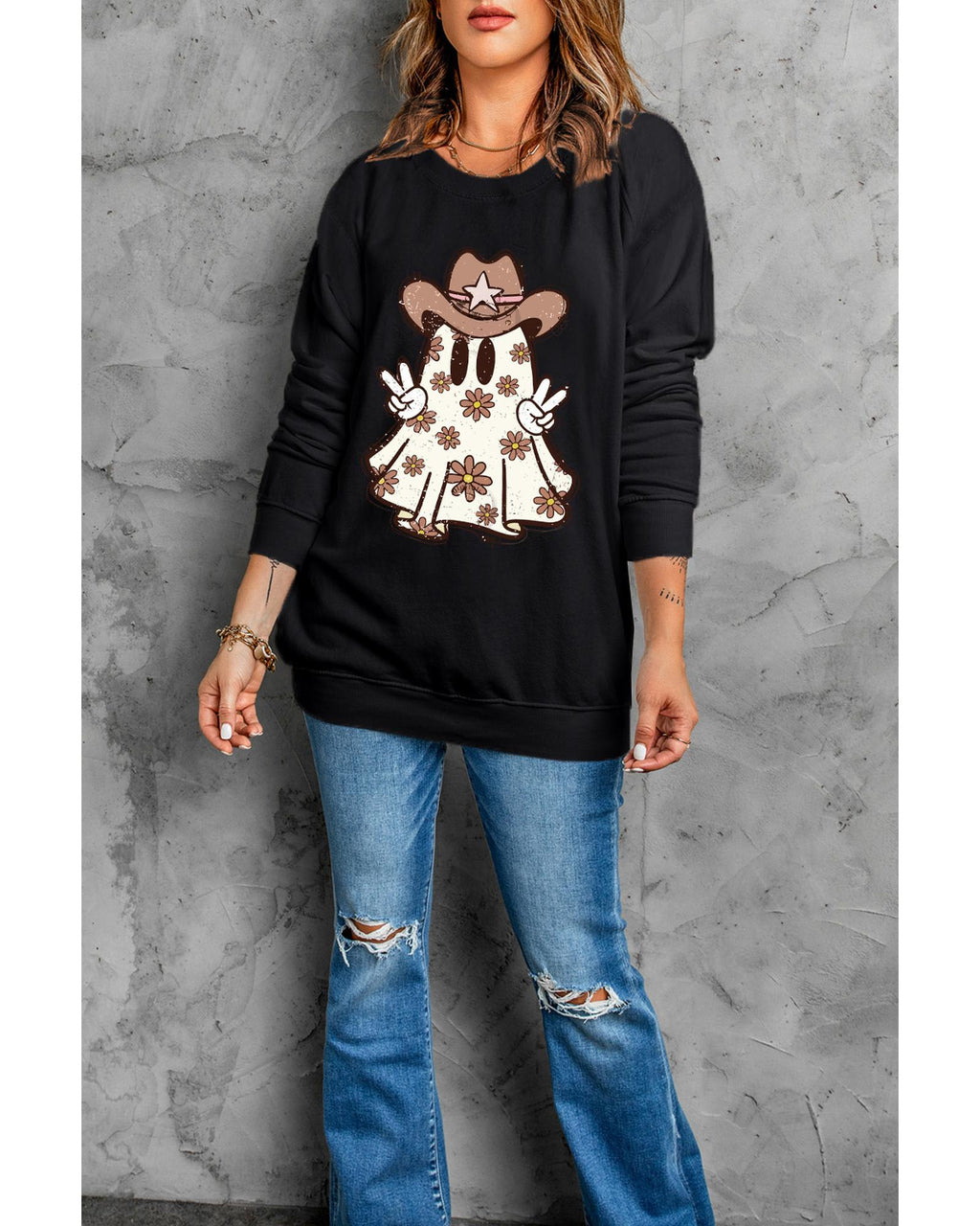 Black Halloween Floral Ghost Print Pullover Graphic Sweatshirt - S