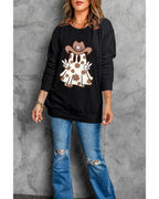 Black Halloween Floral Ghost Print Pullover Graphic Sweatshirt - S