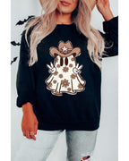 Black Halloween Floral Ghost Print Pullover Graphic Sweatshirt - S