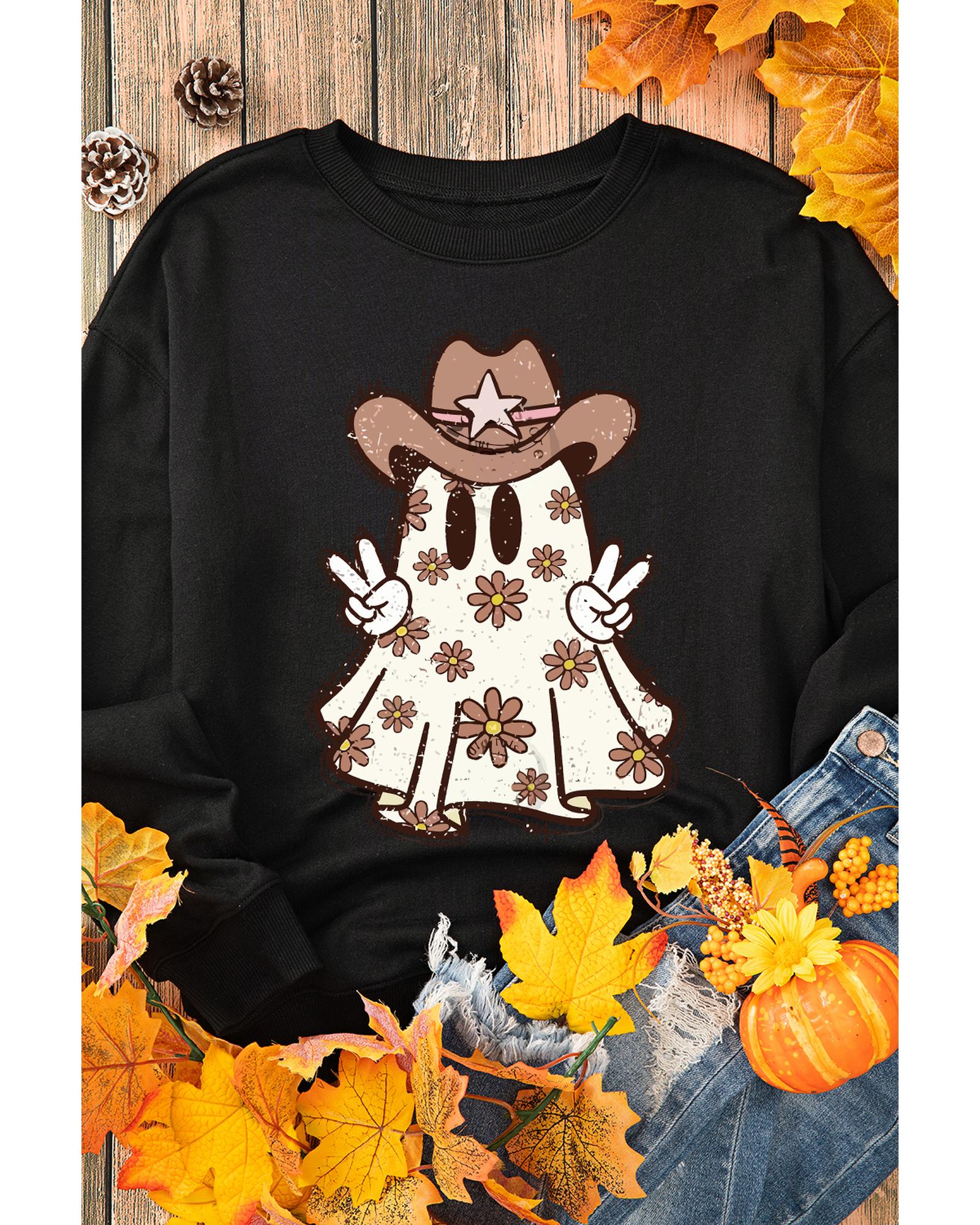 Black Halloween Floral Ghost Print Pullover Graphic Sweatshirt - S