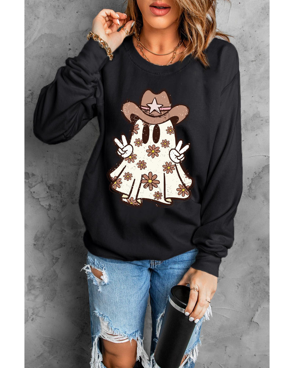 Black Halloween Floral Ghost Print Pullover Graphic Sweatshirt - XL