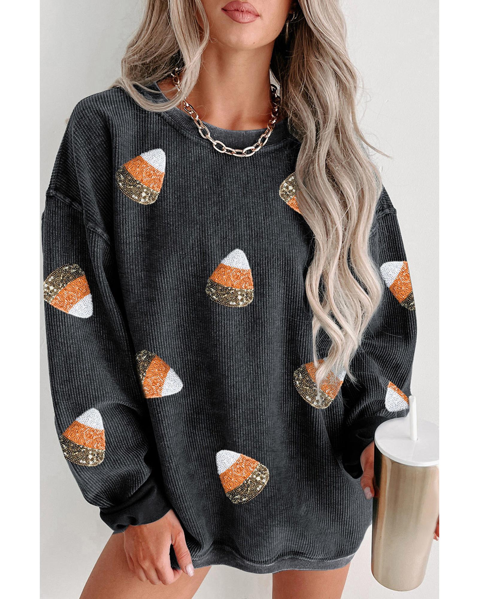 Black Sequin Candy Corn Patched Corded Halloween Sweatshirt - L