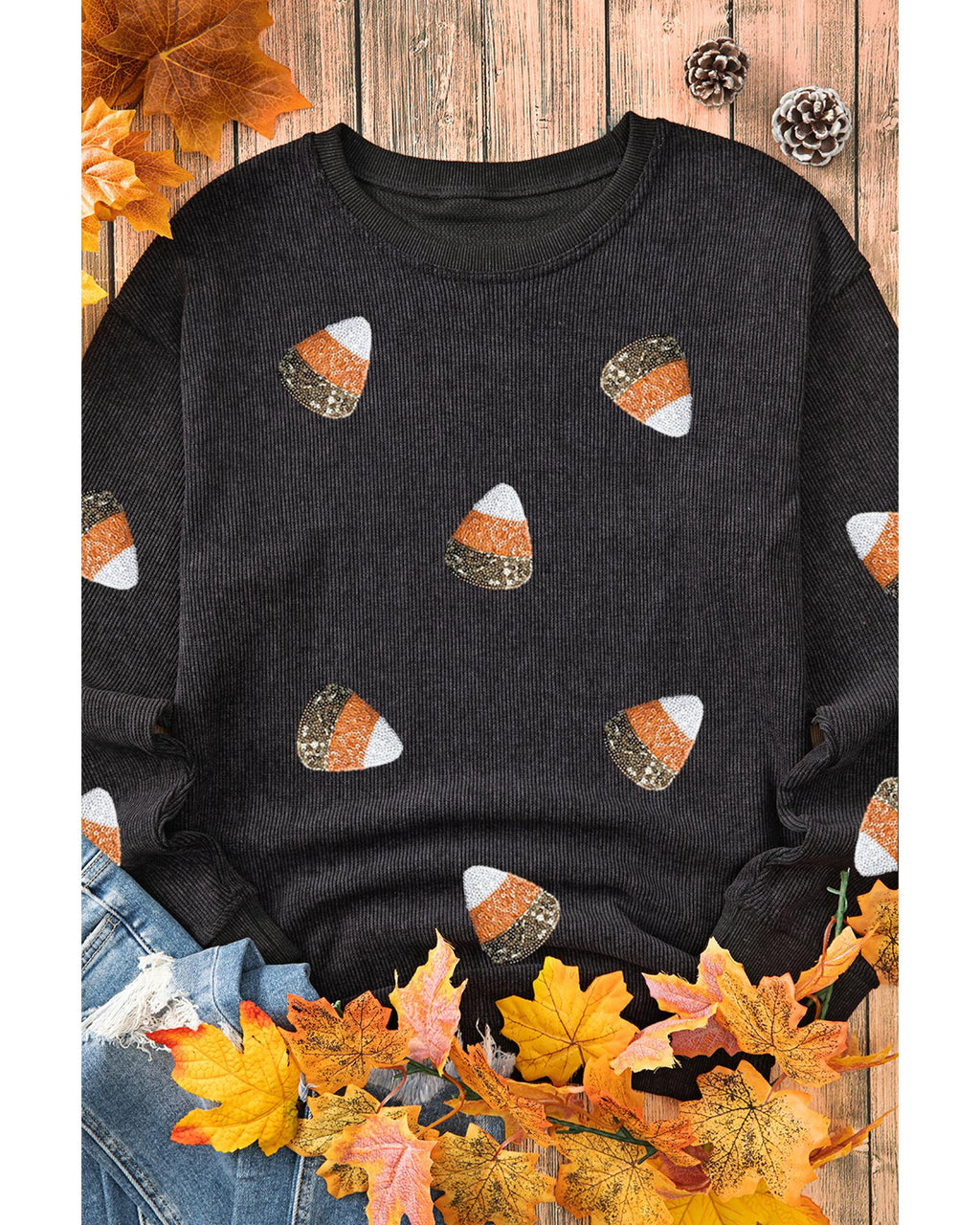Black Sequin Candy Corn Patched Corded Halloween Sweatshirt - XL