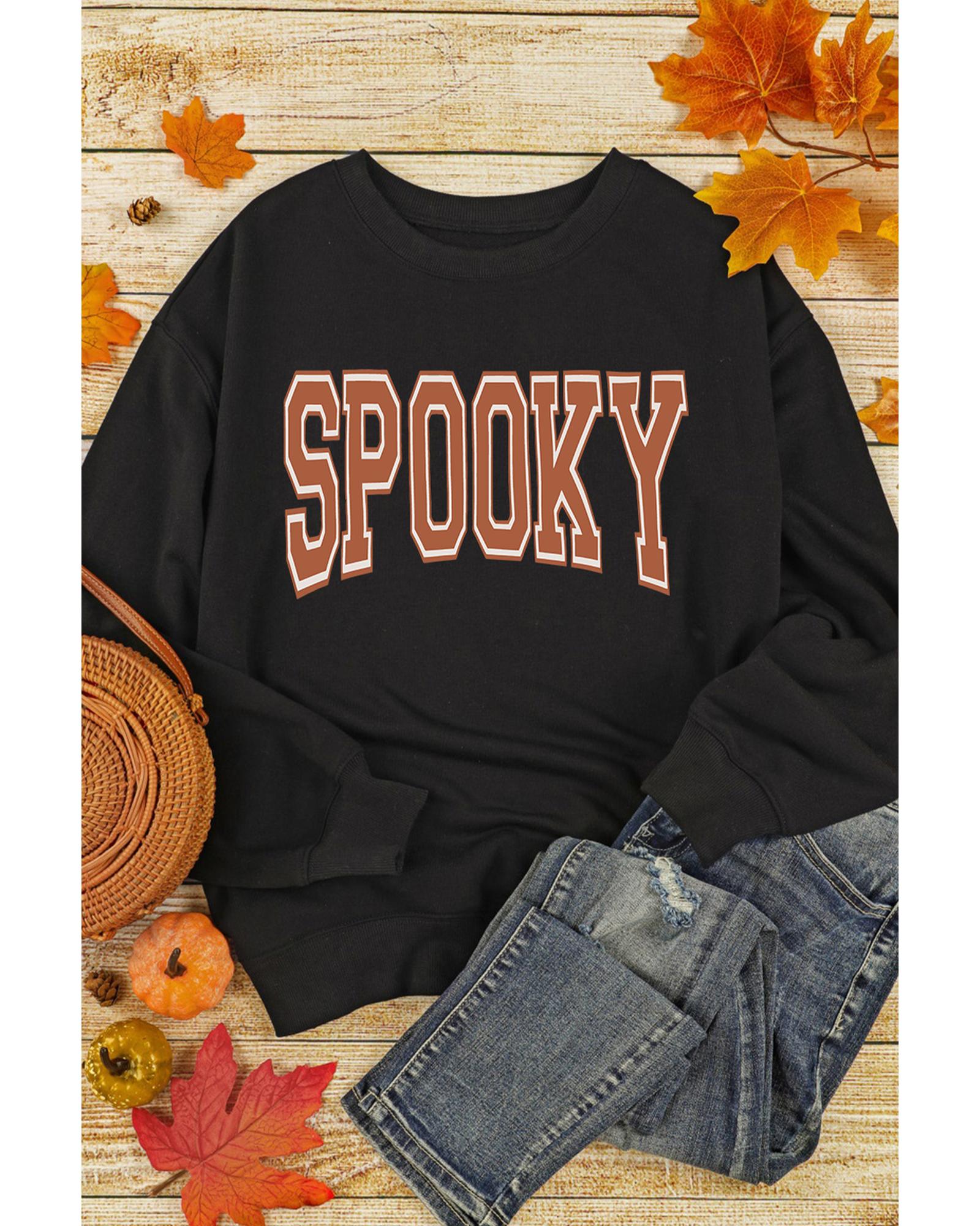 Black SPOOKY Graphic Drop Shoulder Halloween Pullover Sweatshirt - L