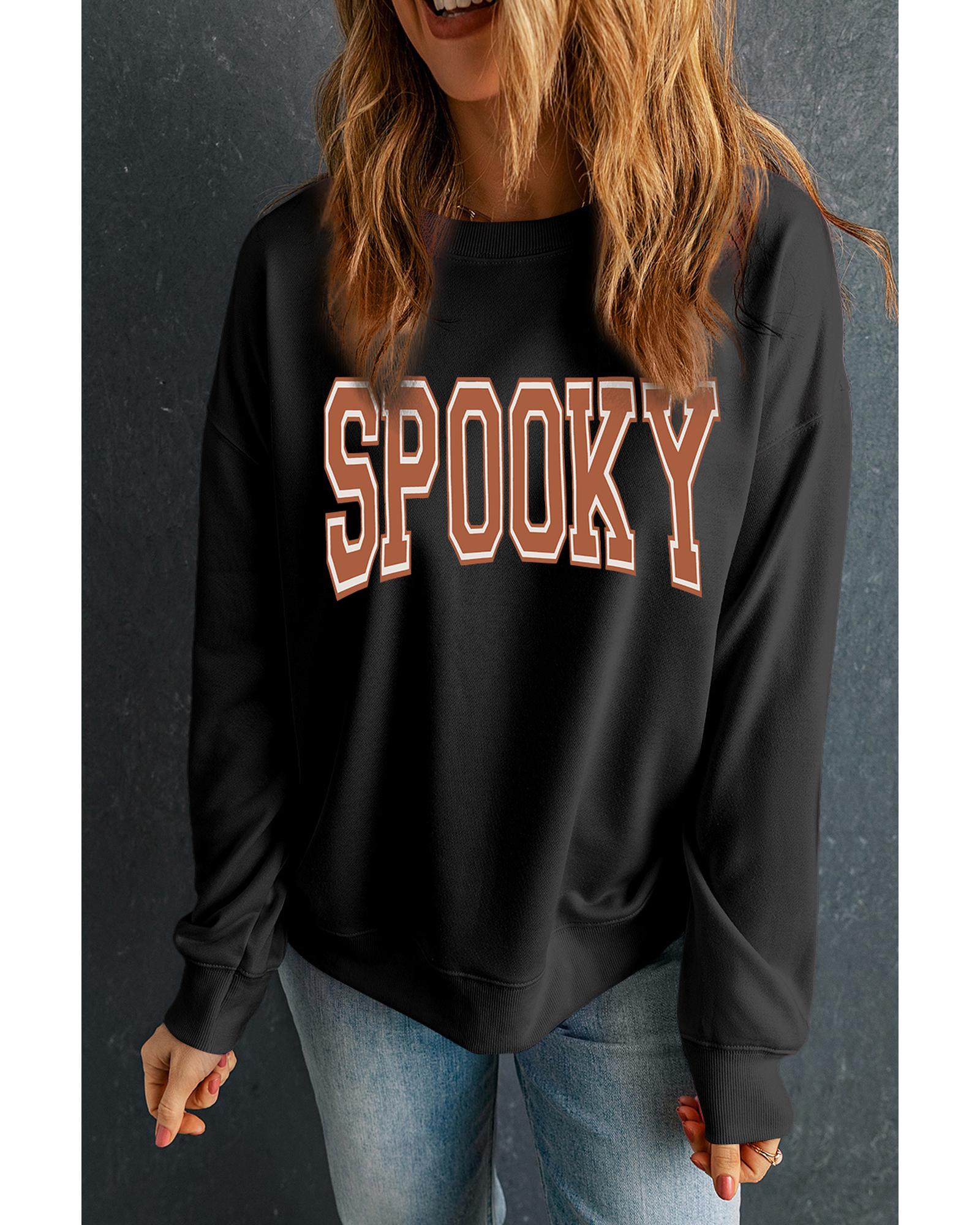 Black SPOOKY Graphic Drop Shoulder Halloween Pullover Sweatshirt - L