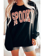 Black SPOOKY Graphic Drop Shoulder Halloween Pullover Sweatshirt - XL