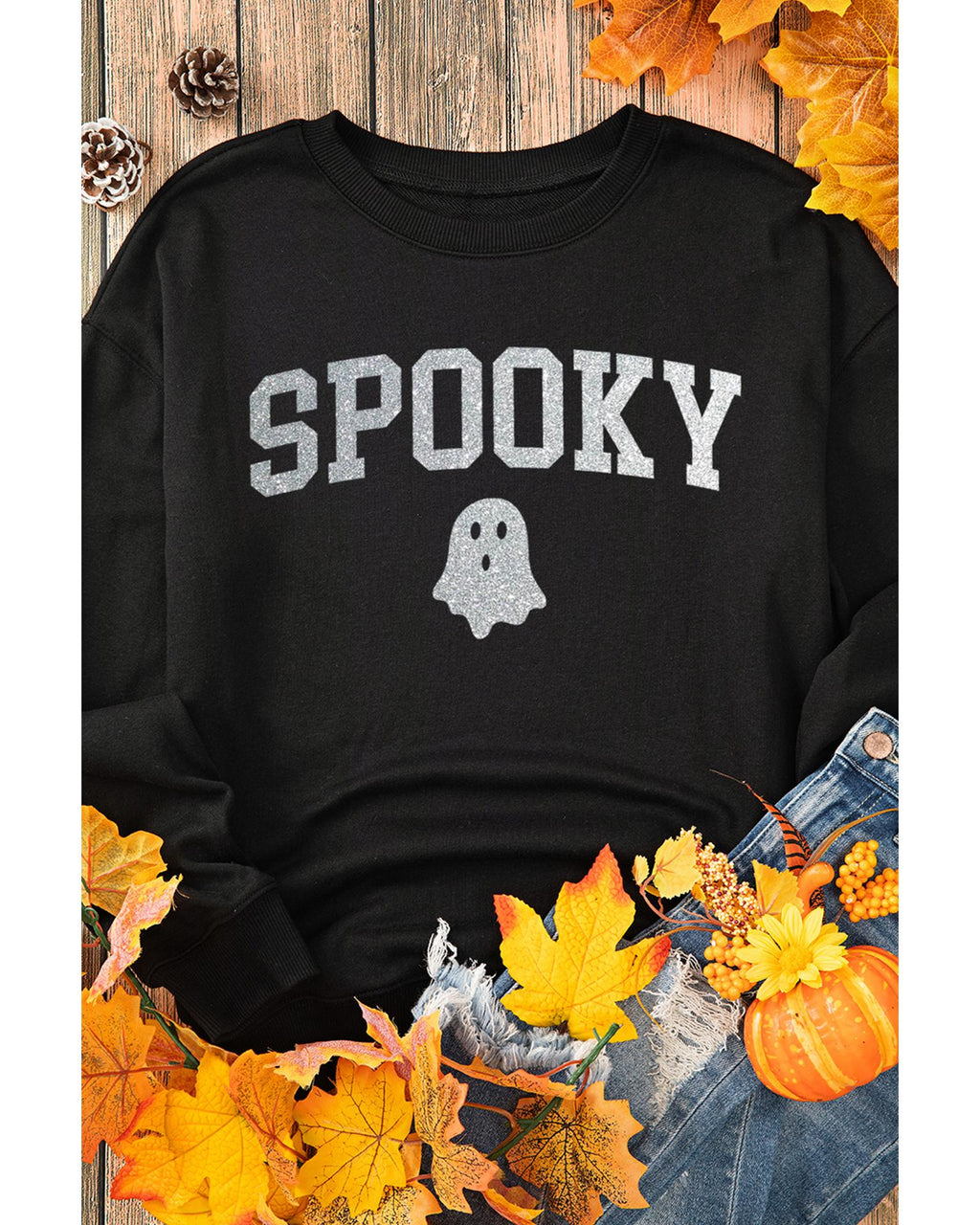 Black Glitter SPOOKY Ghost Pattern Crew Neck Halloween Sweatshirt - 2XL