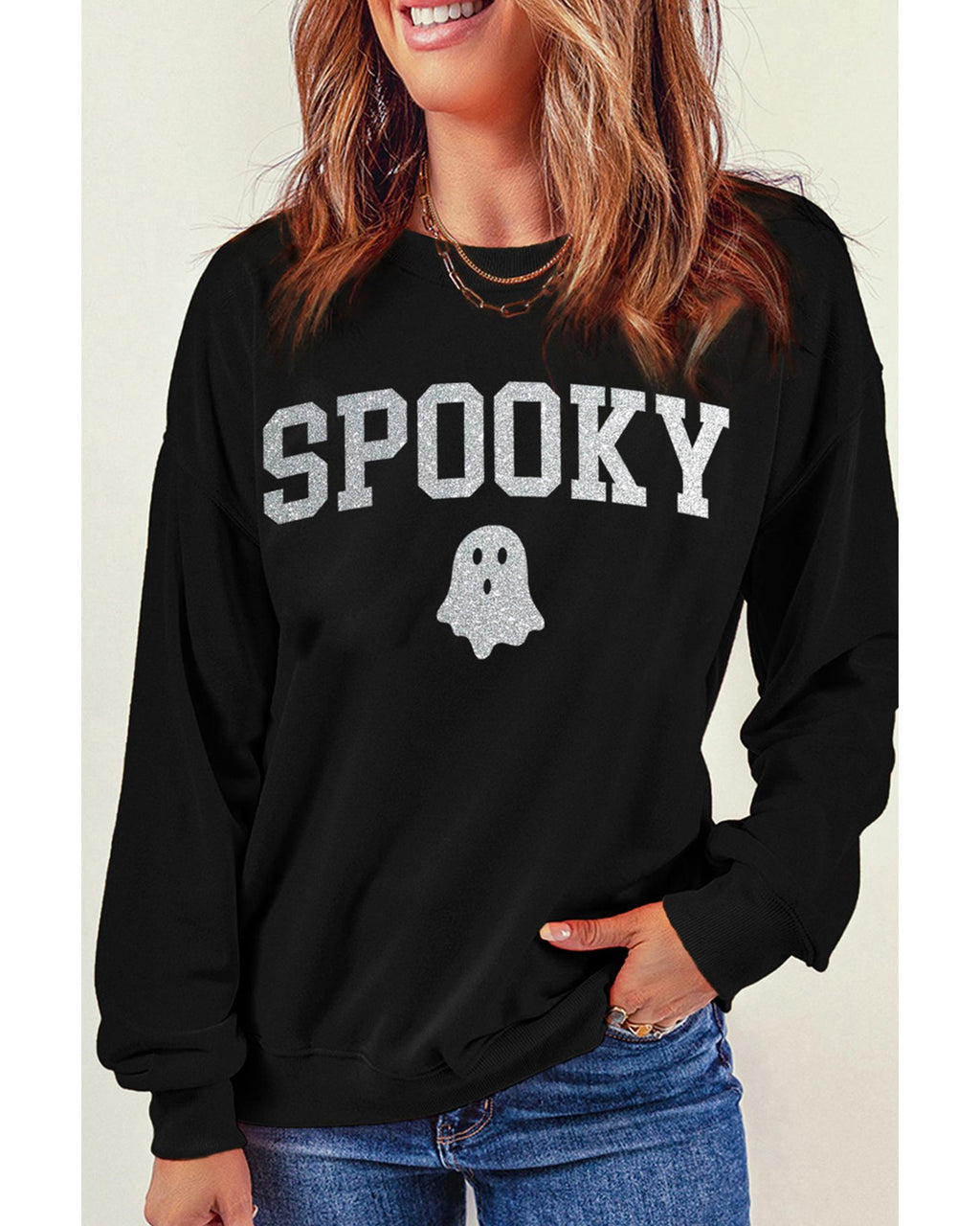 Black Glitter SPOOKY Ghost Pattern Crew Neck Halloween Sweatshirt - 2XL