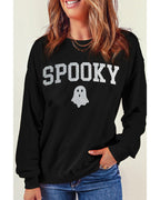 Black Glitter SPOOKY Ghost Pattern Crew Neck Halloween Sweatshirt - 2XL