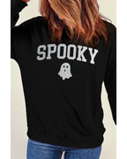 Black Glitter SPOOKY Ghost Pattern Crew Neck Halloween Sweatshirt - L