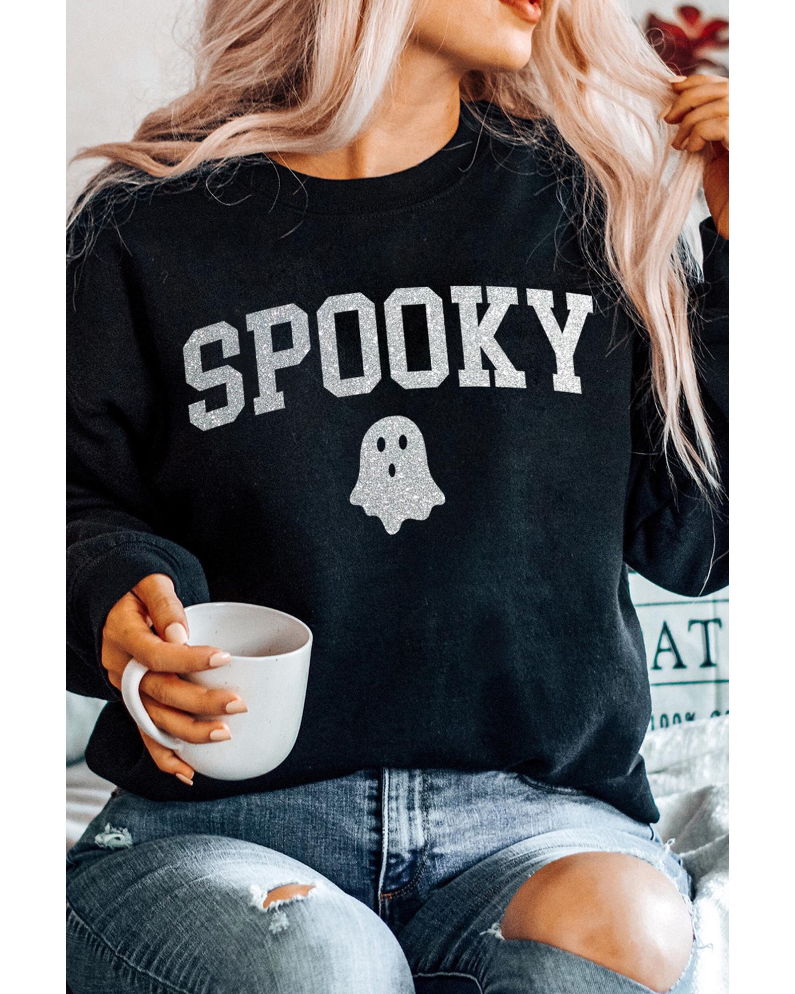 Black Glitter SPOOKY Ghost Pattern Crew Neck Halloween Sweatshirt - L