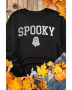 Black Glitter SPOOKY Ghost Pattern Crew Neck Halloween Sweatshirt - M