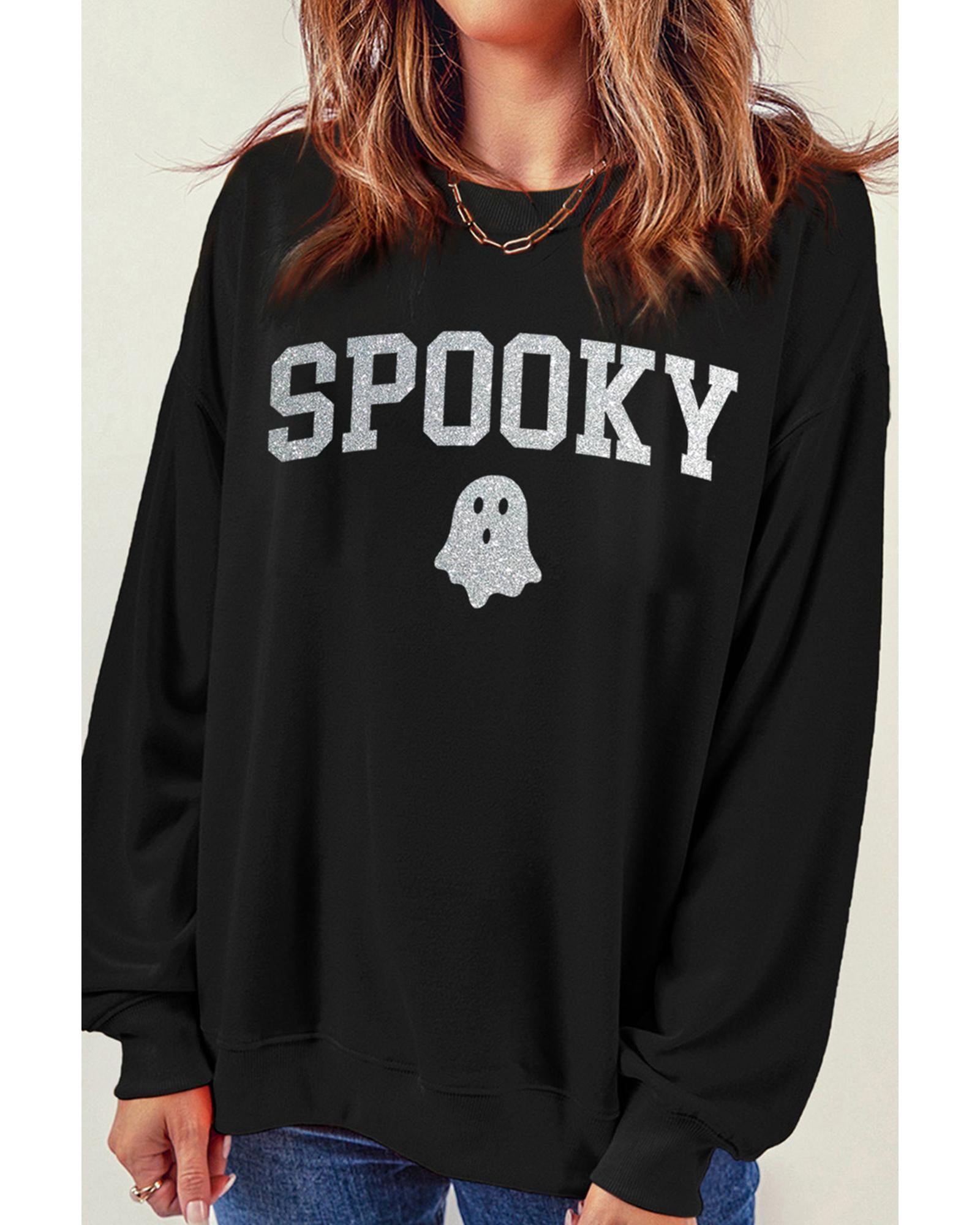 Black Glitter SPOOKY Ghost Pattern Crew Neck Halloween Sweatshirt - M