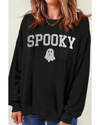 Black Glitter SPOOKY Ghost Pattern Crew Neck Halloween Sweatshirt - XL