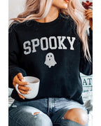 Black Glitter SPOOKY Ghost Pattern Crew Neck Halloween Sweatshirt - XL