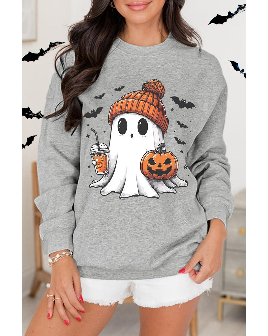 Gray Halloween Ghost Print Crewneck Drop Shoulder Sweatshirt - 2XL