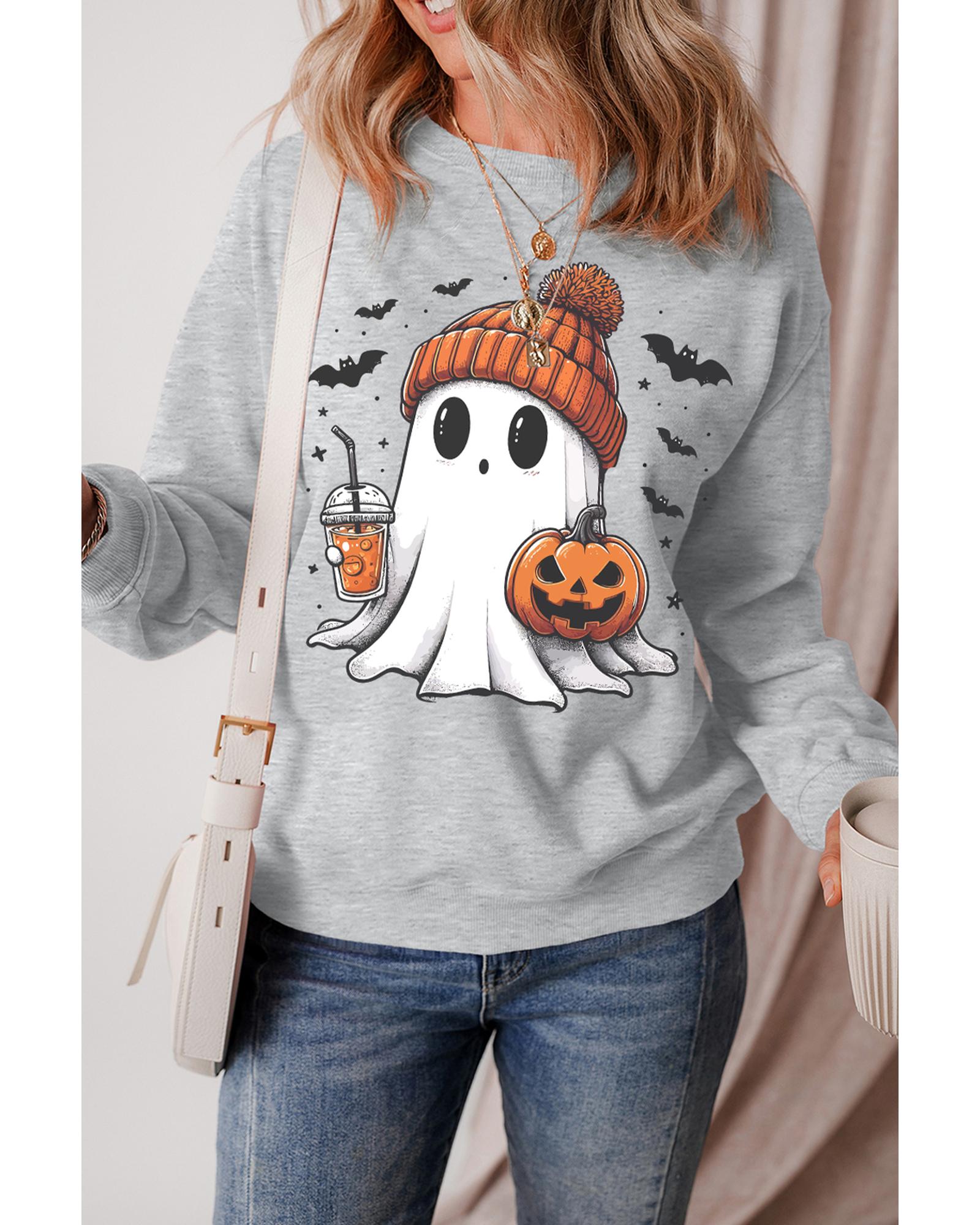 Gray Halloween Ghost Print Crewneck Drop Shoulder Sweatshirt - 2XL
