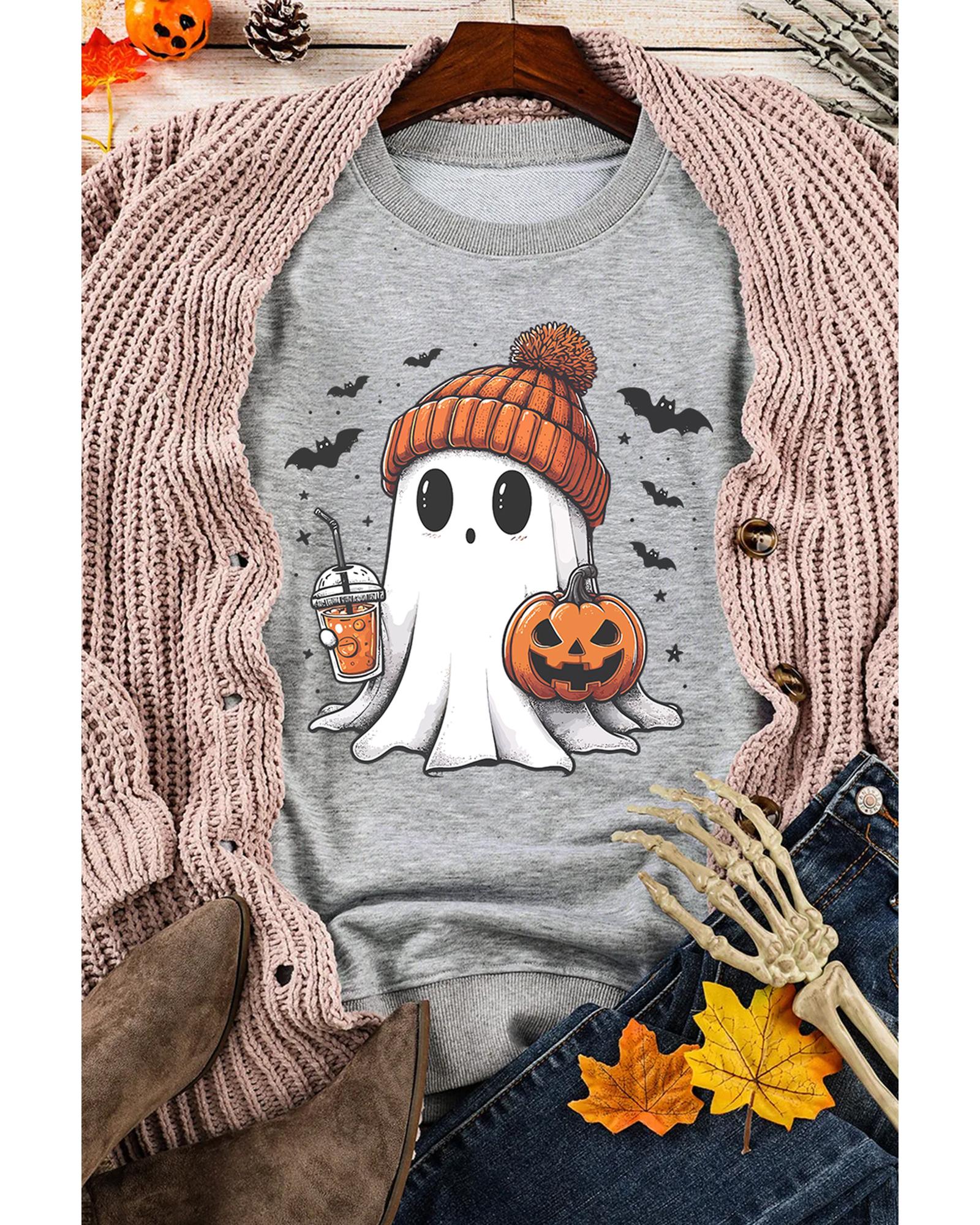 Gray Halloween Ghost Print Crewneck Drop Shoulder Sweatshirt - S