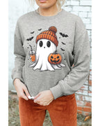 Gray Halloween Ghost Print Crewneck Drop Shoulder Sweatshirt - S