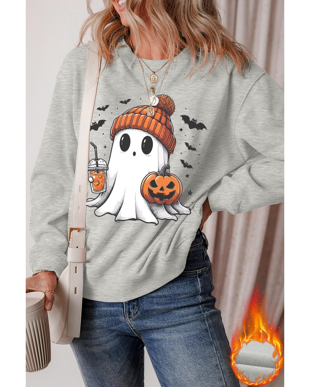 Gray Halloween Ghost Print Crewneck Drop Shoulder Sweatshirt - XL