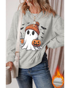 Gray Halloween Ghost Print Crewneck Drop Shoulder Sweatshirt - XL