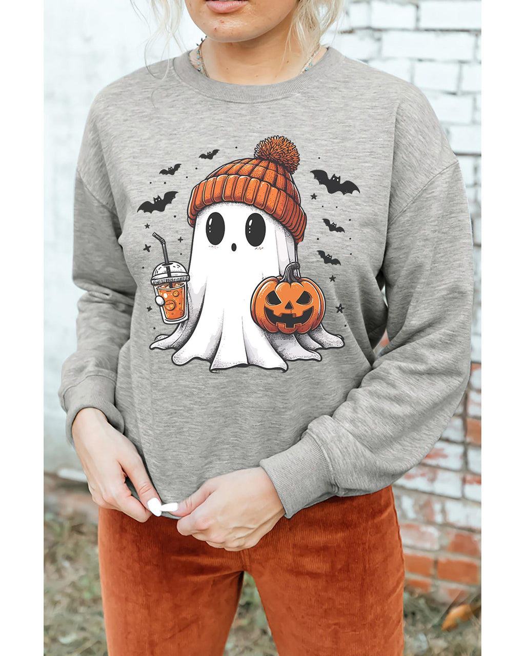 Gray Halloween Ghost Print Crewneck Drop Shoulder Sweatshirt - XL