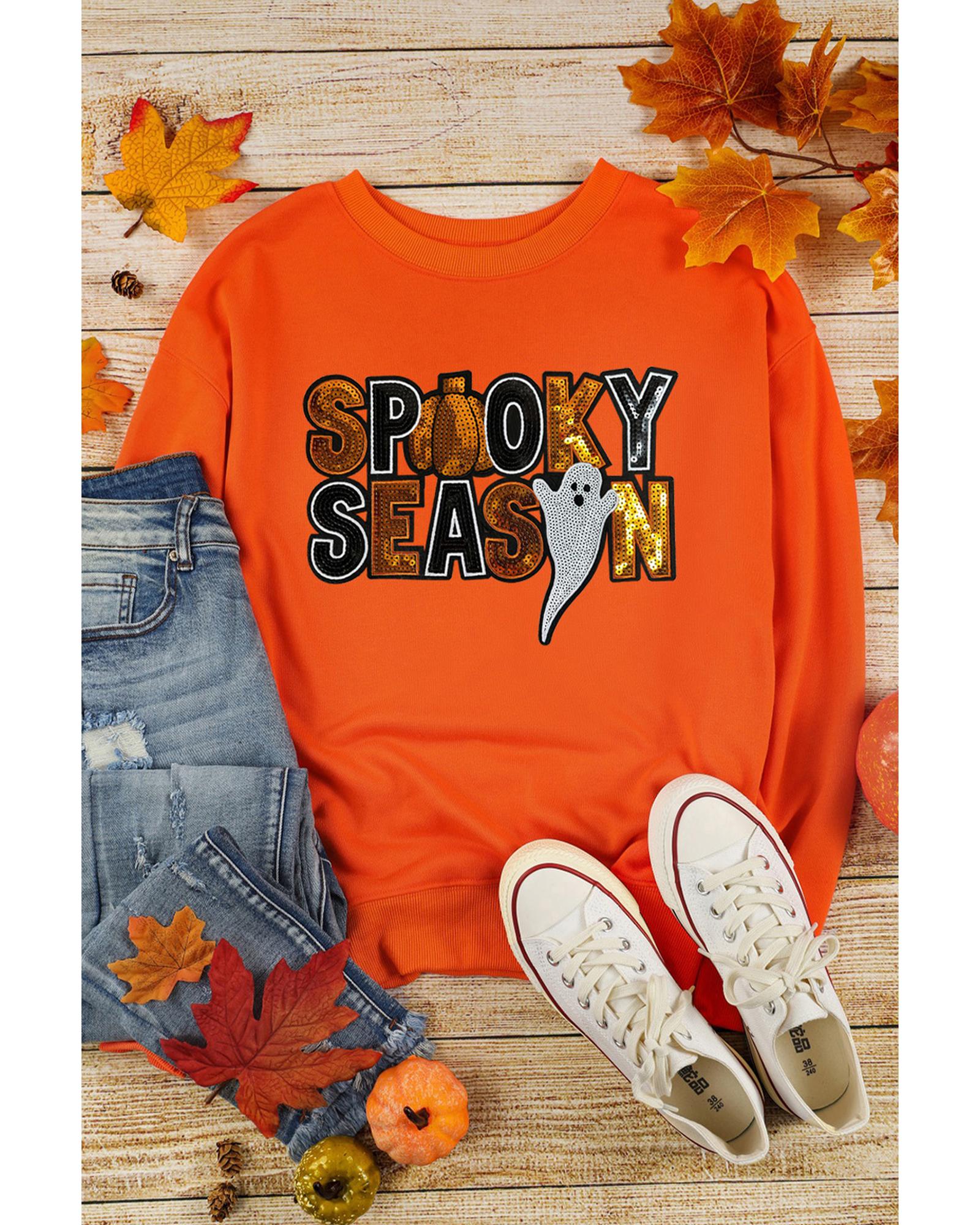 Russet Orange Sequin SPOOKY SEASON Ghost Pattern Halloween Pullover Sweatshirt - 2XL