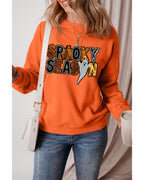 Russet Orange Sequin SPOOKY SEASON Ghost Pattern Halloween Pullover Sweatshirt - 2XL