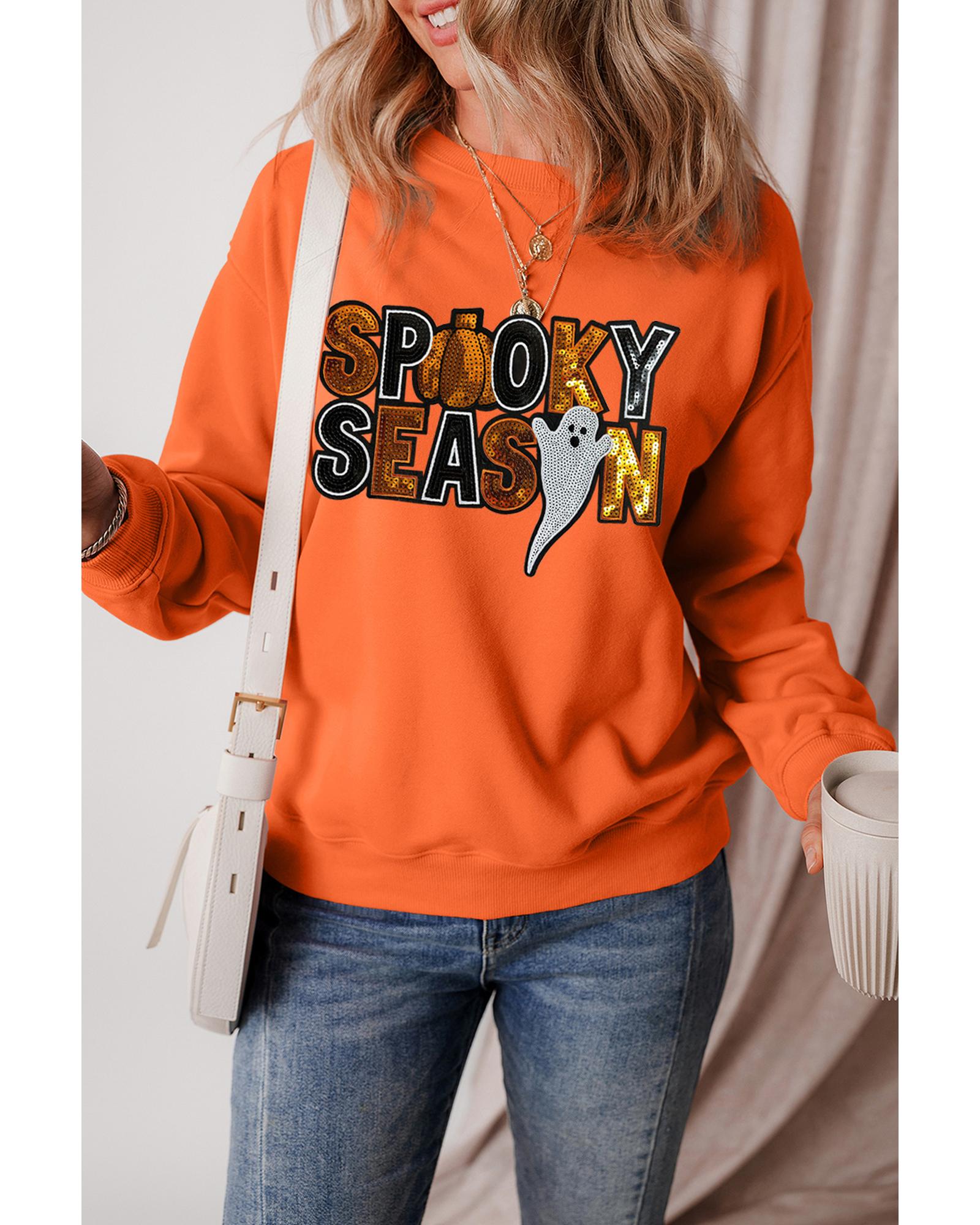 Russet Orange Sequin SPOOKY SEASON Ghost Pattern Halloween Pullover Sweatshirt - 2XL