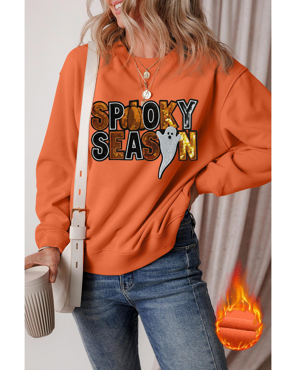 Russet Orange Sequin SPOOKY SEASON Ghost Pattern Halloween Pullover Sweatshirt - 2XL
