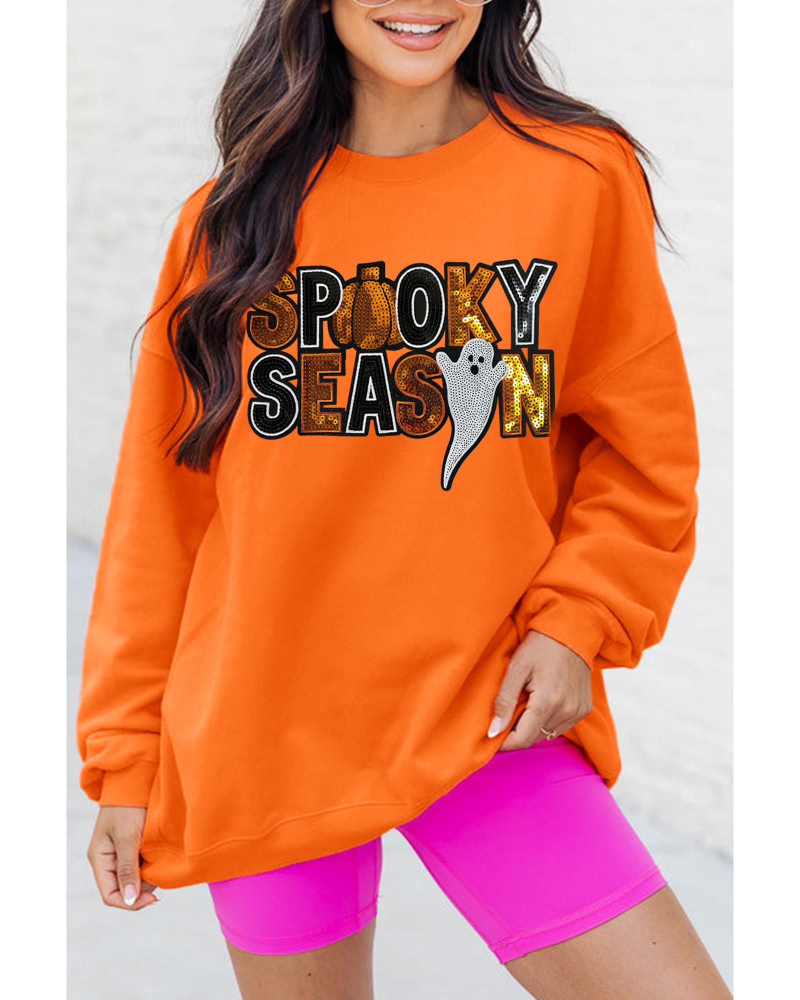 Russet Orange Sequin SPOOKY SEASON Ghost Pattern Halloween Pullover Sweatshirt - M