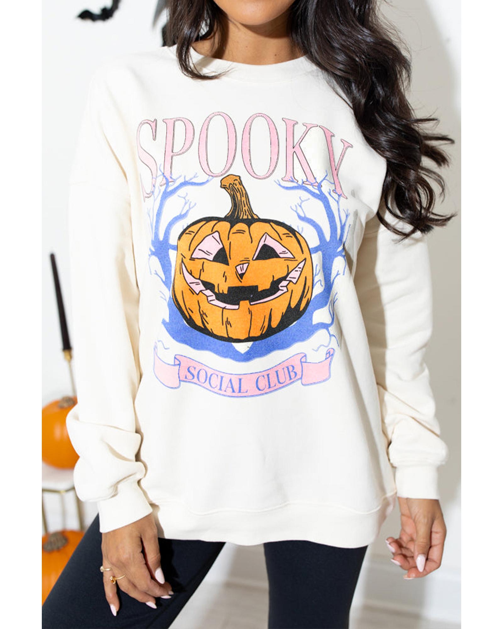 Beige SPOOKY SOCIAL CLUB Halloween Pumpkin Face Graphic Sweatshirt - M