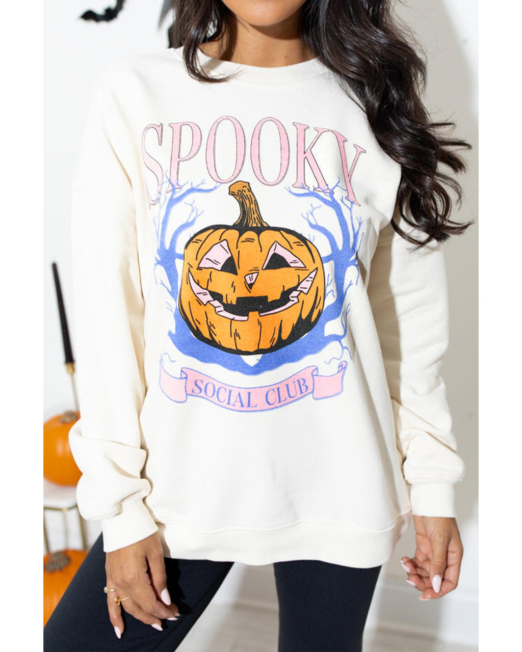 Beige SPOOKY SOCIAL CLUB Halloween Pumpkin Face Graphic Sweatshirt - S