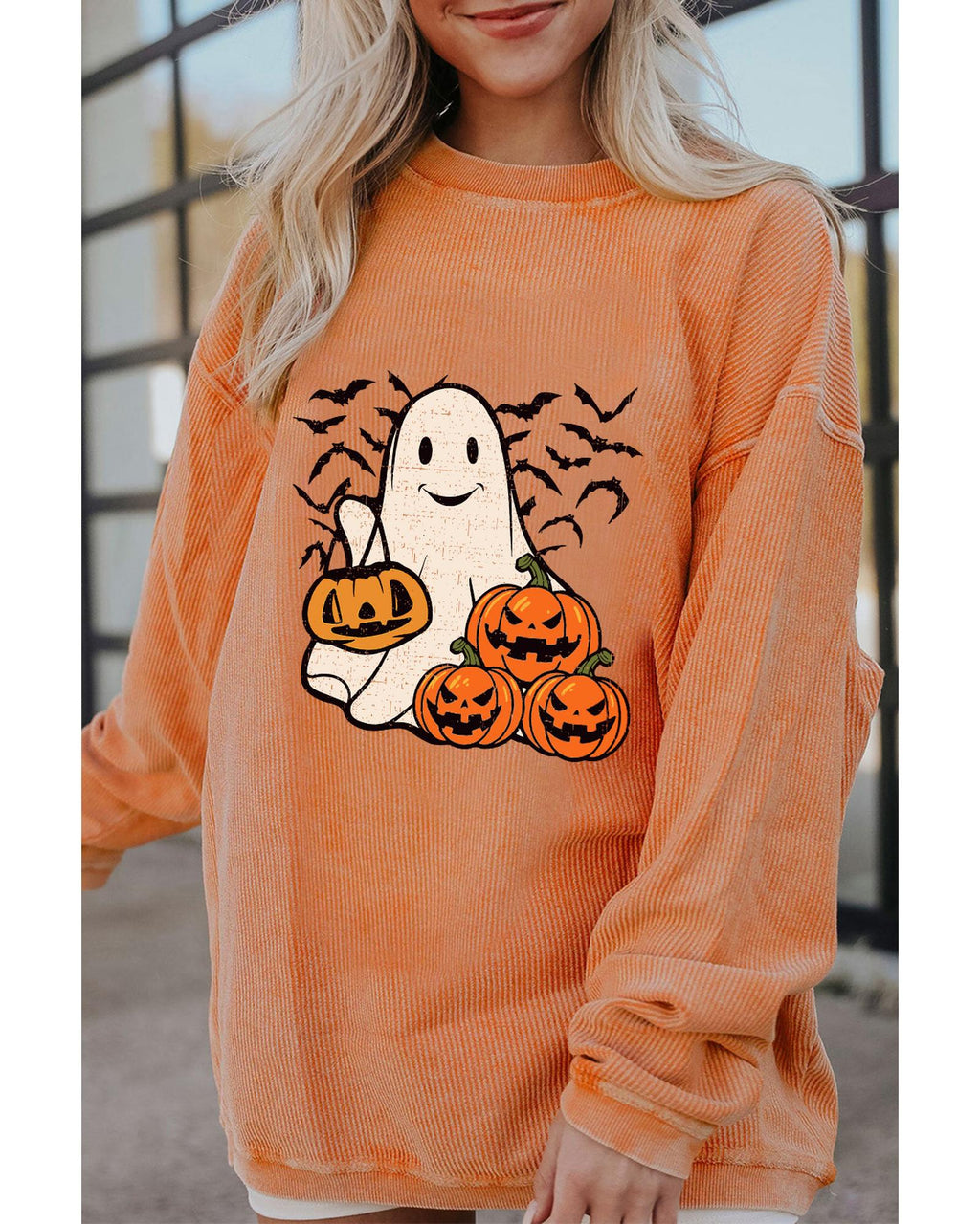 Orange Halloween Ghost Pumpkin Bat Print Corded Pullover Sweatshirt - L