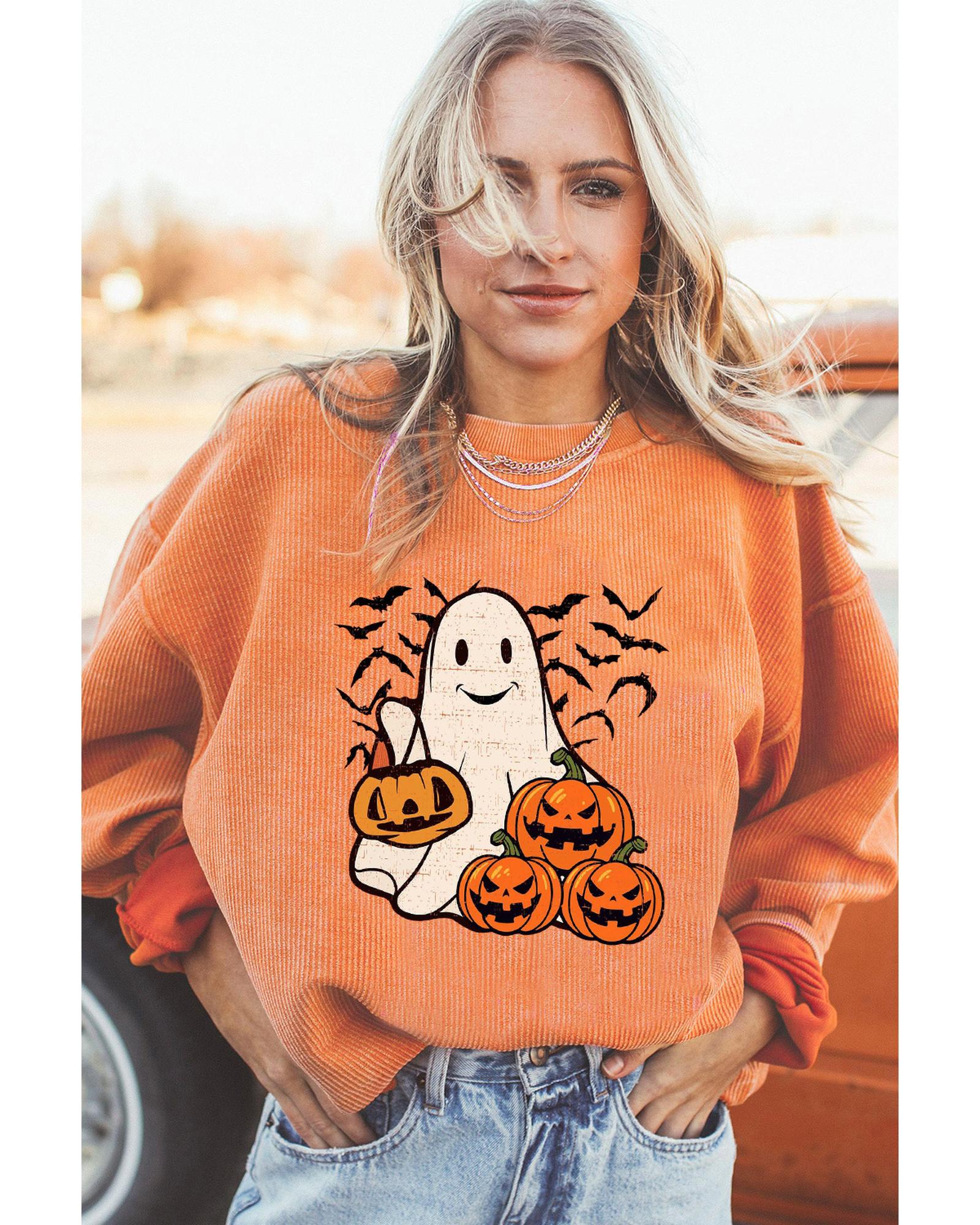 Orange Halloween Ghost Pumpkin Bat Print Corded Pullover Sweatshirt - M