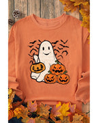 Orange Halloween Ghost Pumpkin Bat Print Corded Pullover Sweatshirt - M