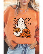 Orange Halloween Ghost Pumpkin Bat Print Corded Pullover Sweatshirt - M