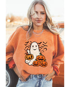 Orange Halloween Ghost Pumpkin Bat Print Corded Pullover Sweatshirt - S
