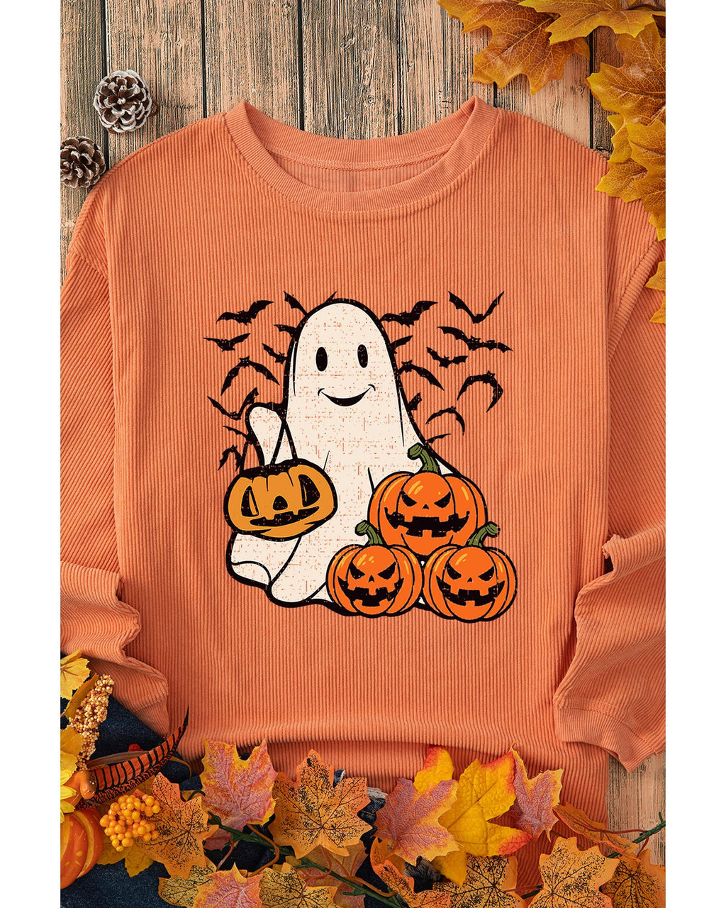 Orange Halloween Ghost Pumpkin Bat Print Corded Pullover Sweatshirt - S