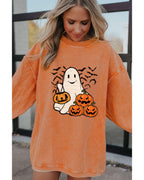 Orange Halloween Ghost Pumpkin Bat Print Corded Pullover Sweatshirt - S