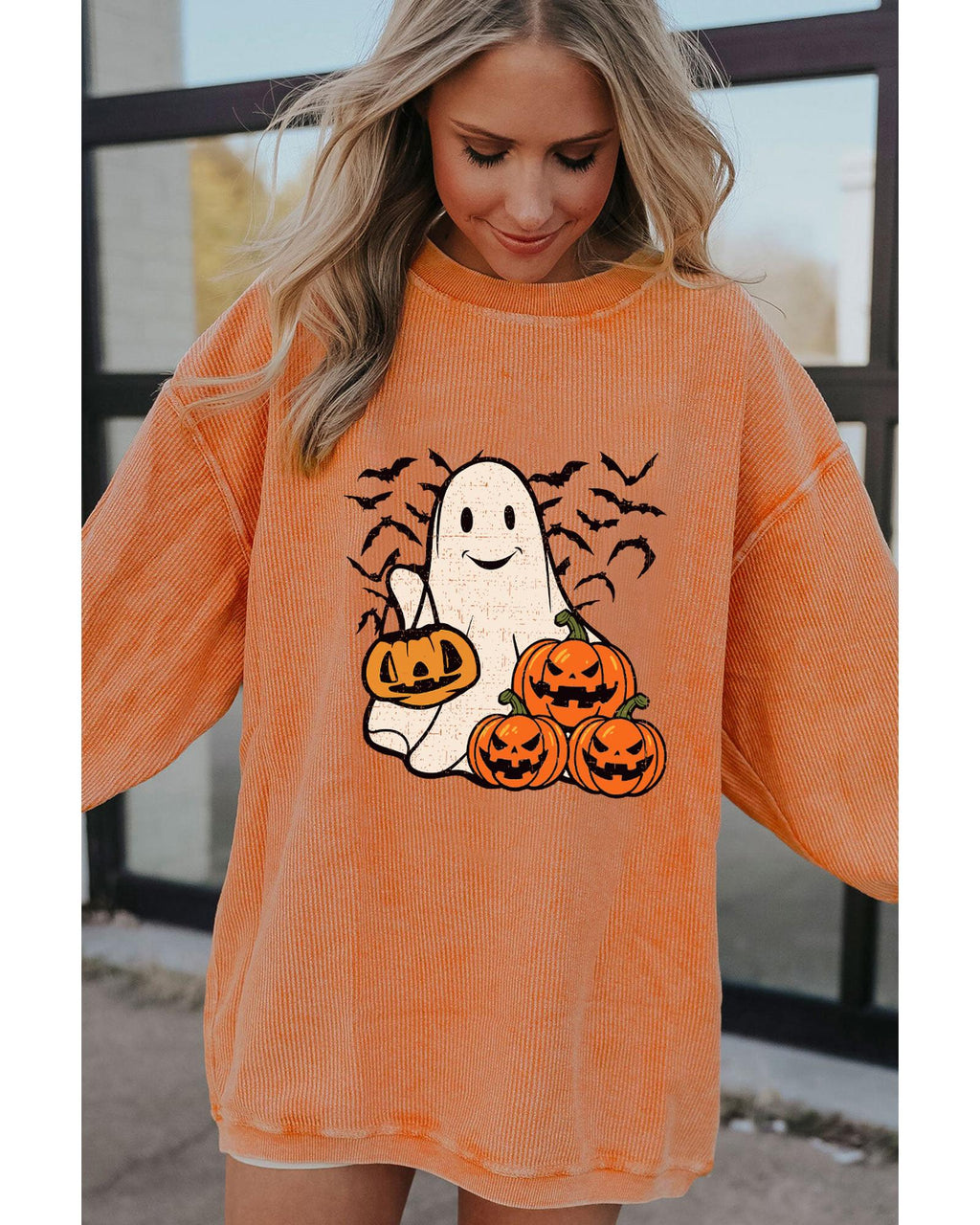 Orange Halloween Ghost Pumpkin Bat Print Corded Pullover Sweatshirt - XL