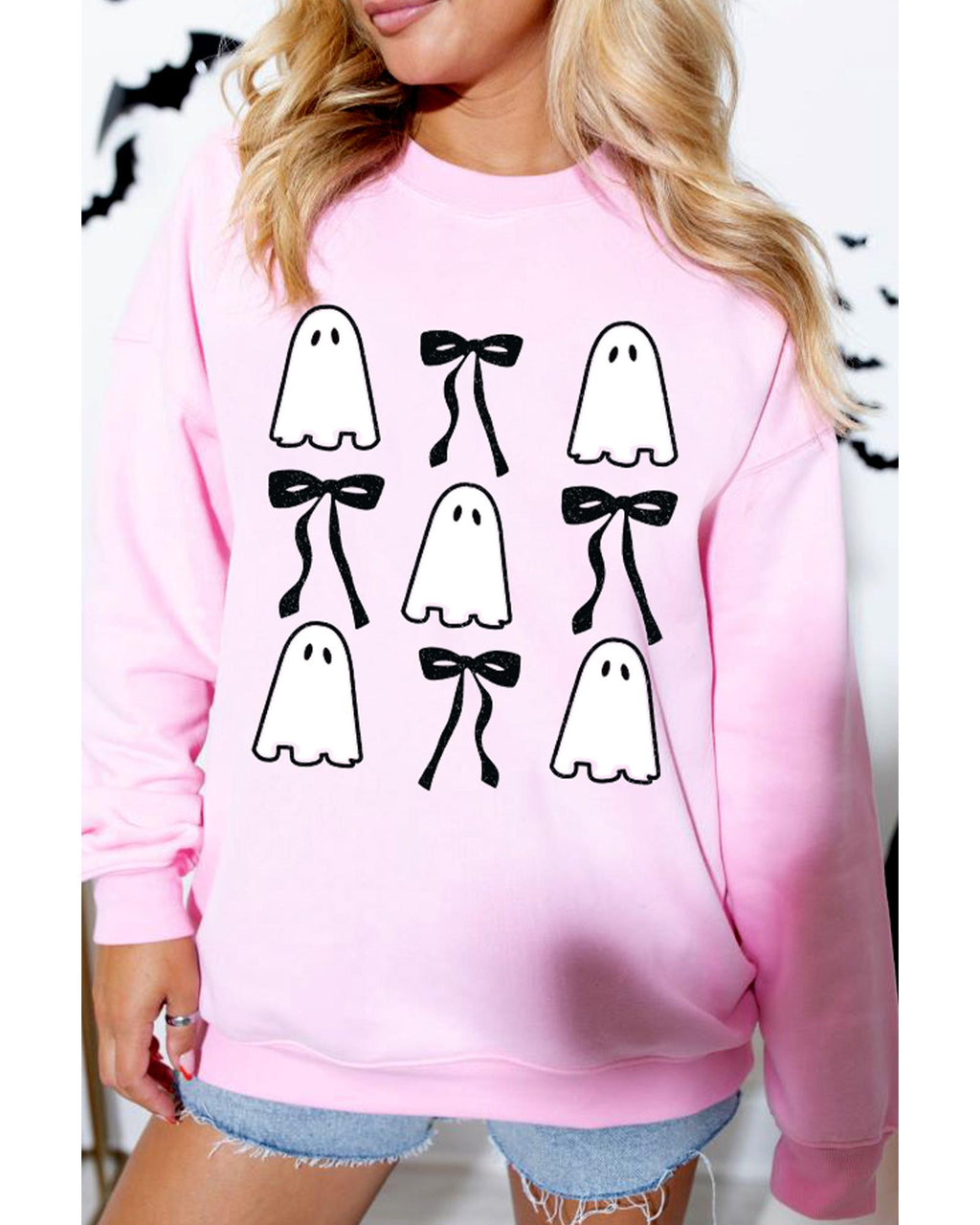Pink Ghost Bowknot Printed Drop Shoulder Halloween Sweatshirt - L