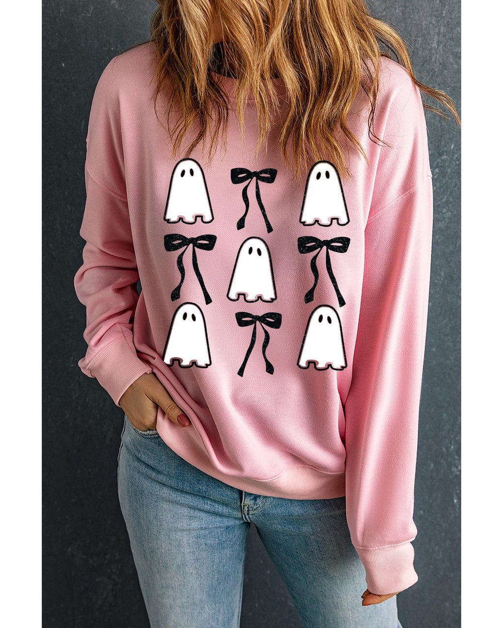 Pink Ghost Bowknot Printed Drop Shoulder Halloween Sweatshirt - L