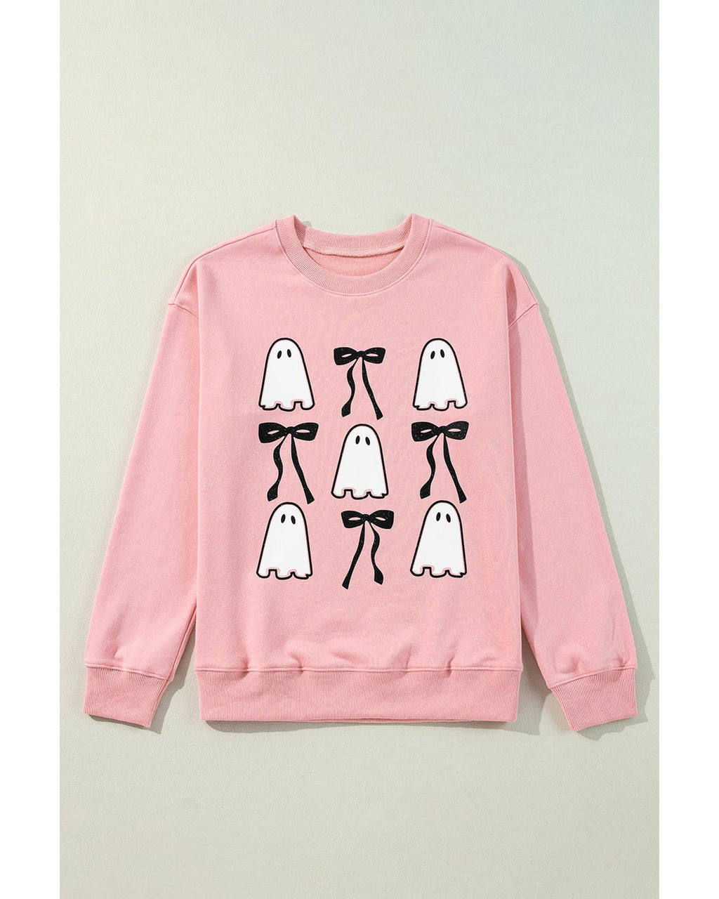 Pink Ghost Bowknot Printed Drop Shoulder Halloween Sweatshirt - L