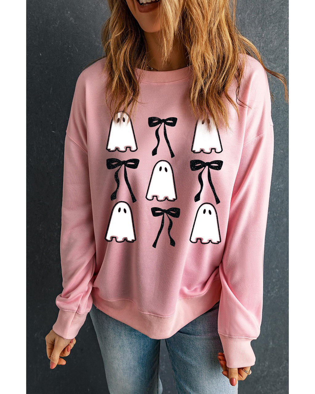 Pink Ghost Bowknot Printed Drop Shoulder Halloween Sweatshirt - M