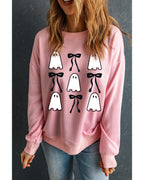 Pink Ghost Bowknot Printed Drop Shoulder Halloween Sweatshirt - M