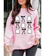 Pink Ghost Bowknot Printed Drop Shoulder Halloween Sweatshirt - M