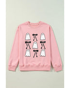 Pink Ghost Bowknot Printed Drop Shoulder Halloween Sweatshirt - M