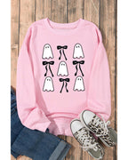 Pink Ghost Bowknot Printed Drop Shoulder Halloween Sweatshirt - S